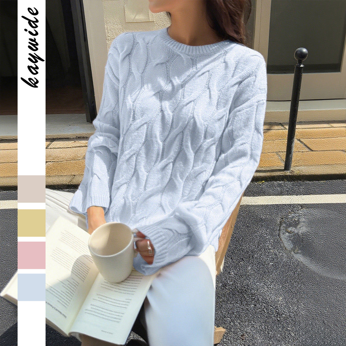 Women's Cable Knit Jumper with Crew Neck and Relaxed Fit