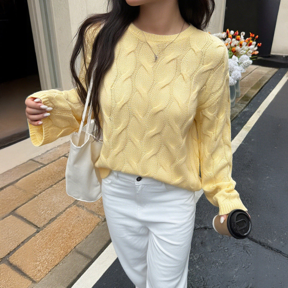Women's Cable Knit Jumper with Crew Neck and Relaxed Fit