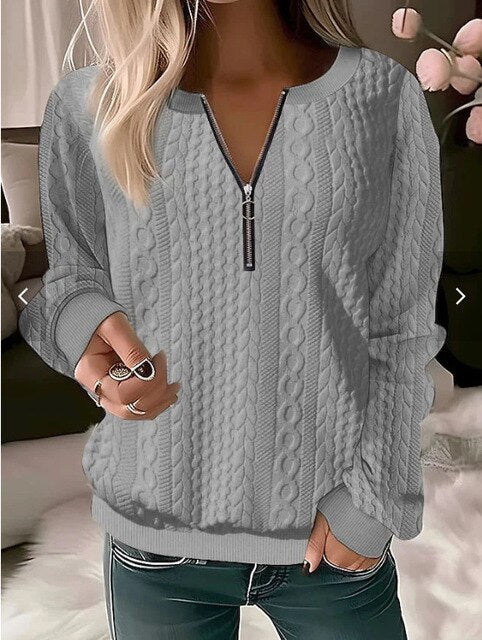 Women's Cable Knit Jumper with Half Zip and Long Sleeves