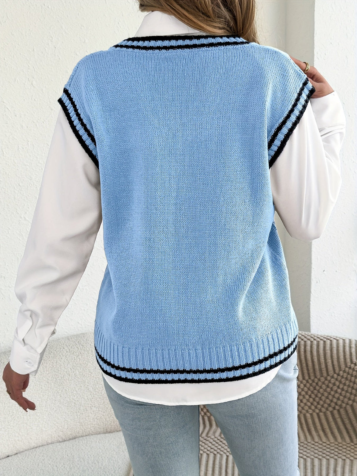 Women's Cable Knit Sweater Vest with Varsity Stripe V Neck