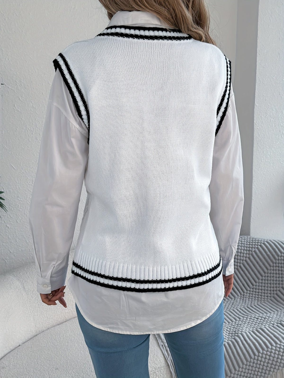 Women's Cable Knit Sweater Vest with Varsity Stripe V Neck