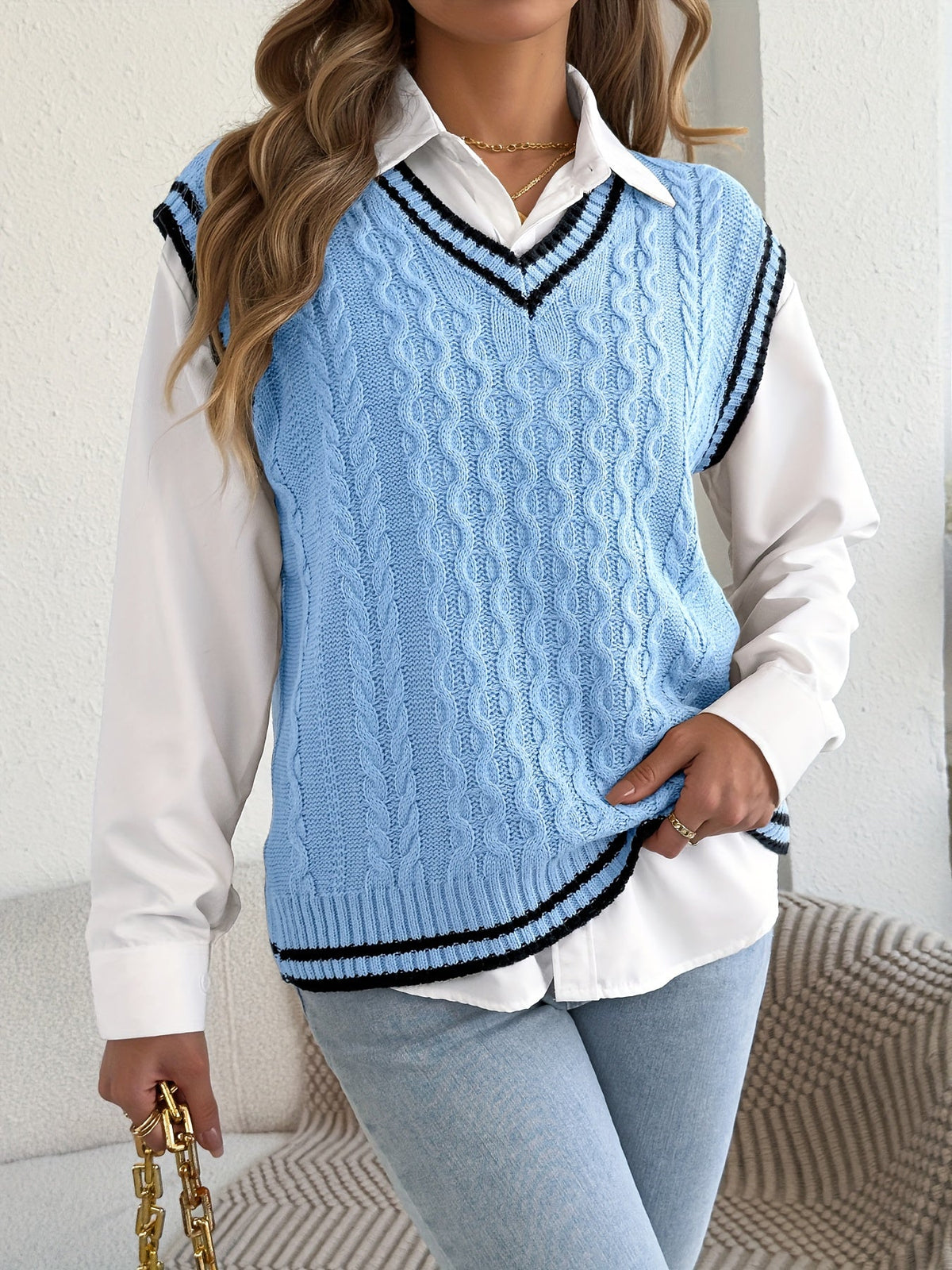 Women's Cable Knit Sweater Vest with Varsity Stripe V Neck