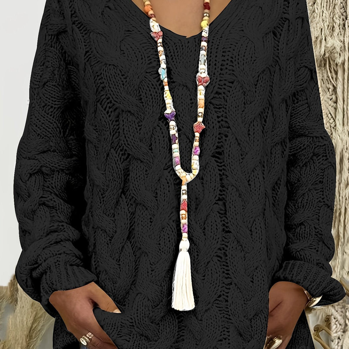 Women's Cable Knit V-Neck Sweater in Angola Mountain Wool