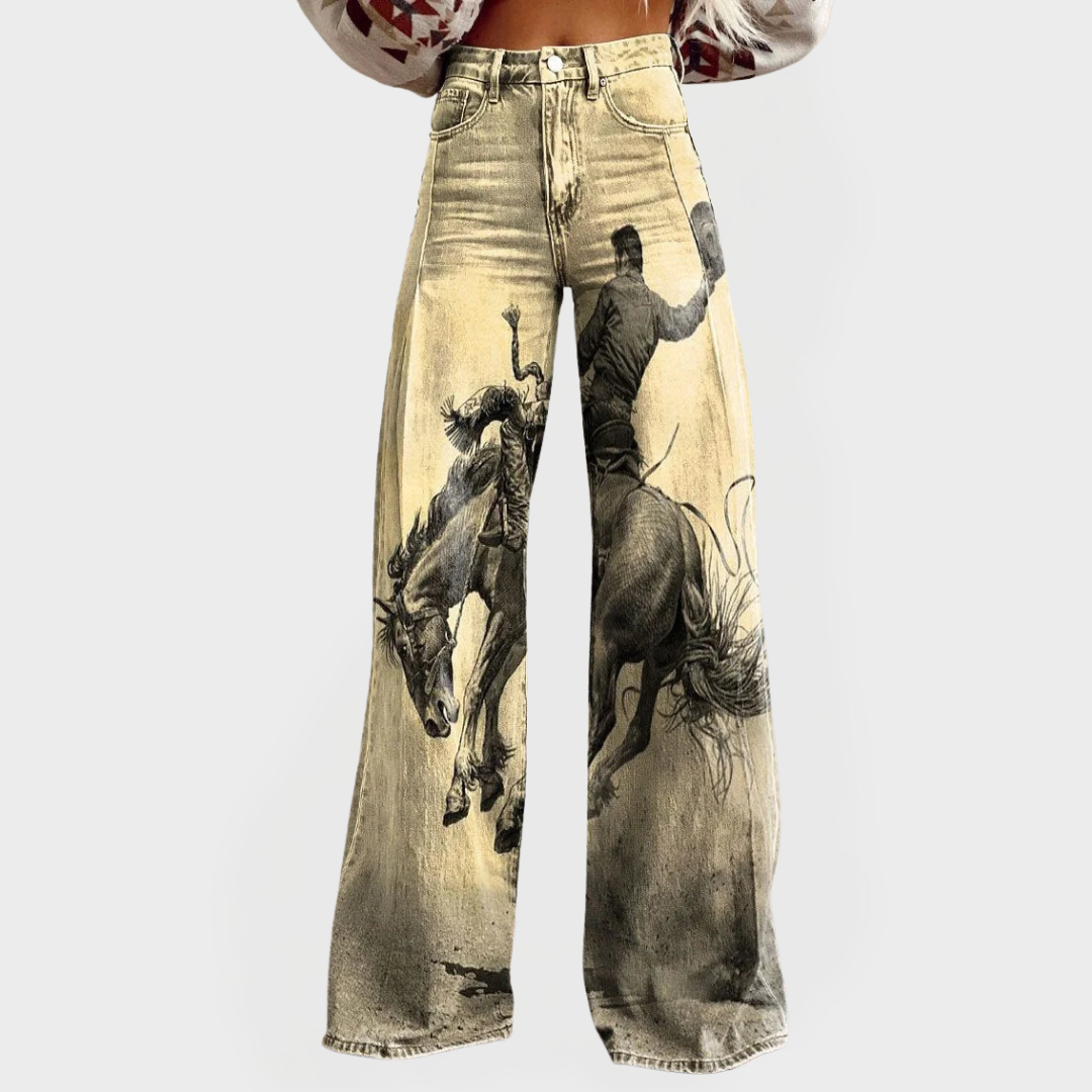 Women's Comfortable Wide Leg Jeans with Western Print
