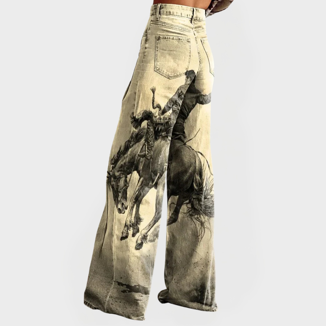 Women's Comfortable Wide Leg Jeans with Western Print