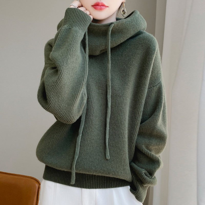 Women's Cowl Hood Wool Sweater | Oversized Relaxed Knit
