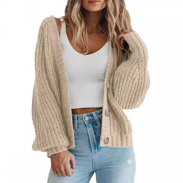 Women's Cozy Chunky Knit Cardigan with V Neck and Button Front