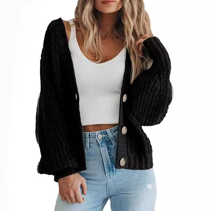 Women's Cozy Chunky Knit Cardigan with V Neck and Button Front