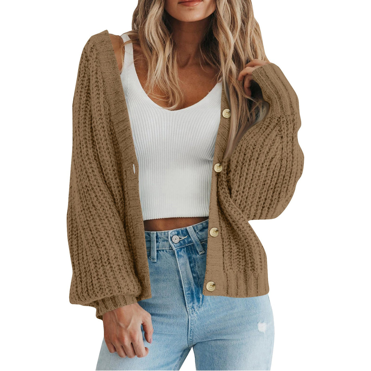 Women's Cozy Chunky Knit Cardigan with V Neck and Button Front