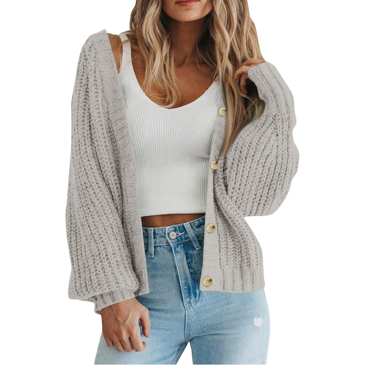 Women's Cozy Chunky Knit Cardigan with V Neck and Button Front