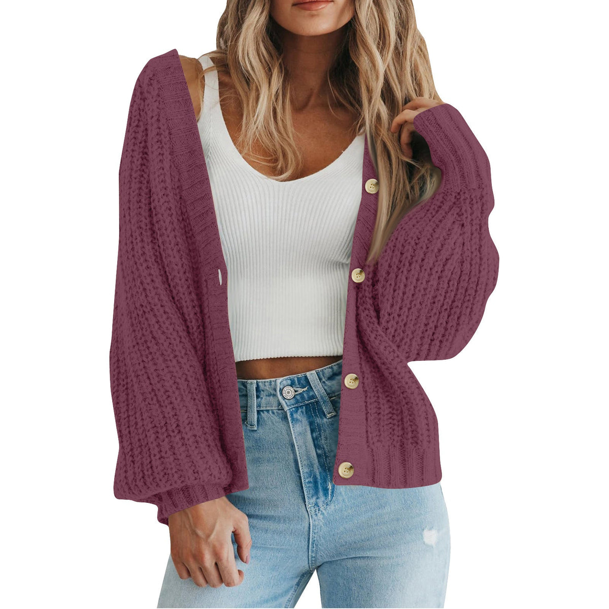 Women's Cozy Chunky Knit Cardigan with V Neck and Button Front
