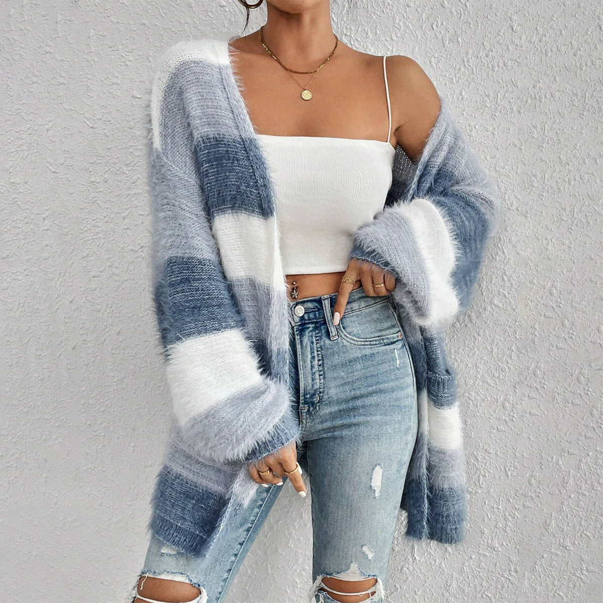 Women's Cozy Fuzzy Knit Striped Open Cardigan Oversized