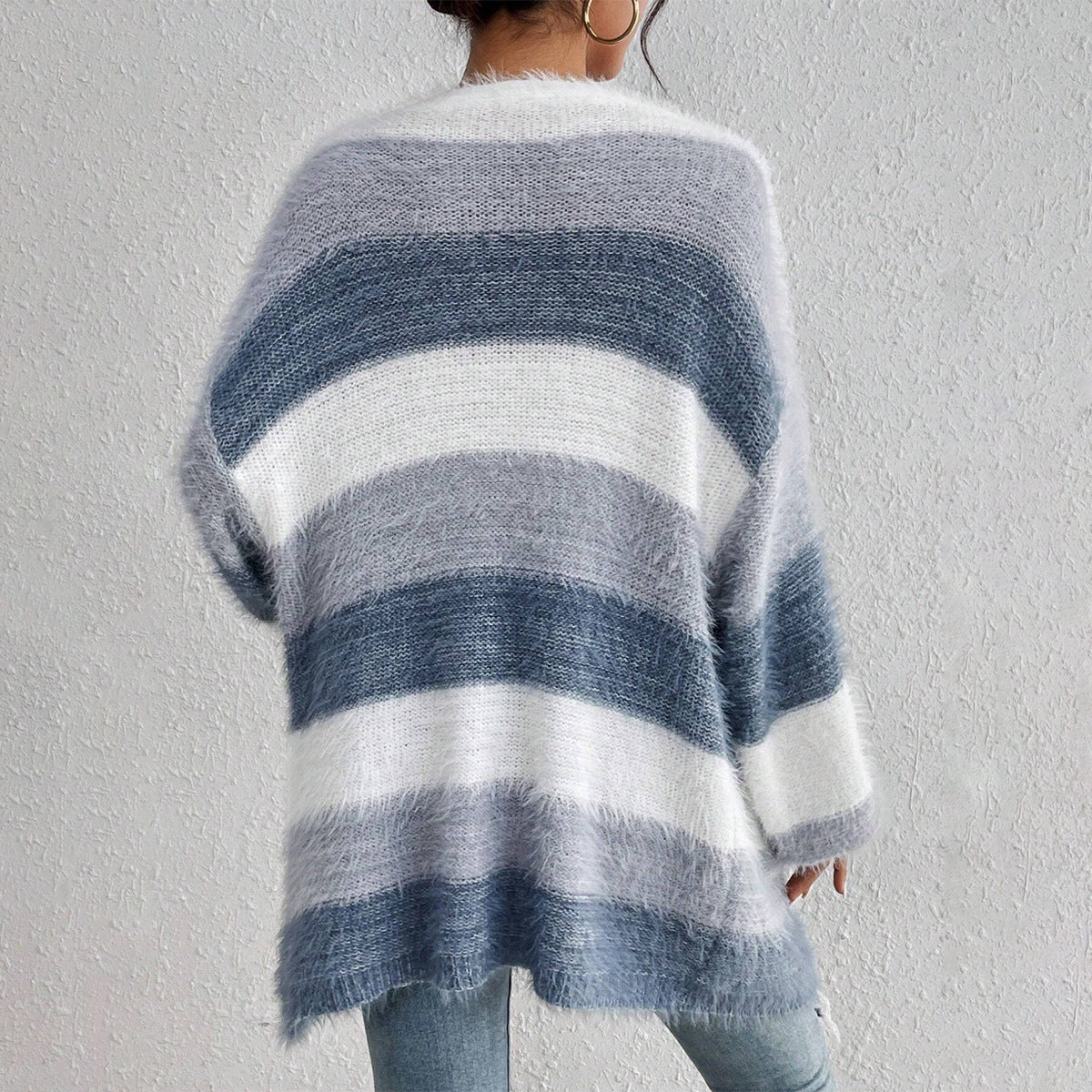 Women's Cozy Fuzzy Knit Striped Open Cardigan Oversized