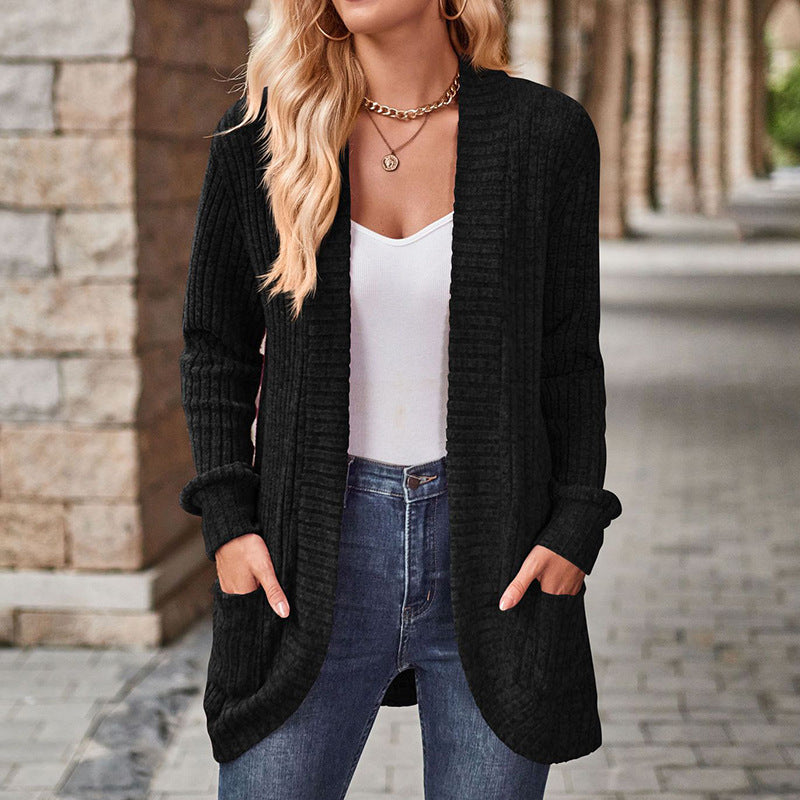 Women's Cozy Ribbed Knit Cardigan with Open Front and Patch Pockets