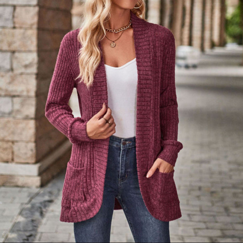 Women's Cozy Ribbed Knit Cardigan with Open Front and Patch Pockets