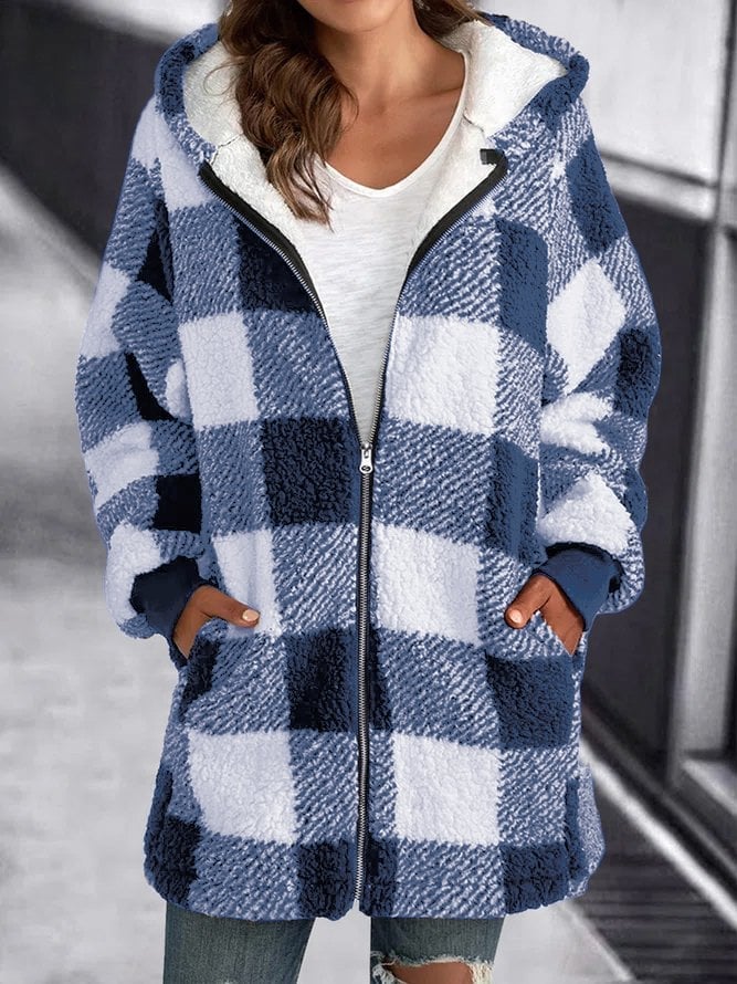 Women's Cozy Sherpa Hooded Cardigan with Zip and Plaid Fleece