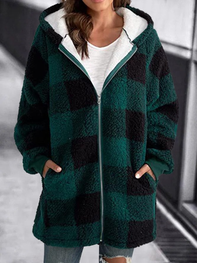 Women's Cozy Sherpa Hooded Cardigan with Zip and Plaid Fleece