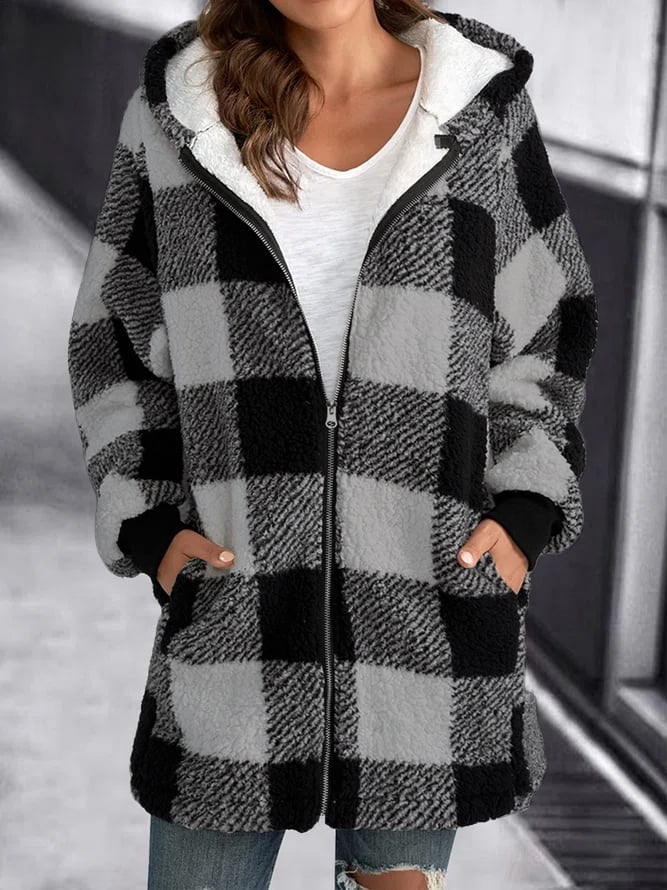 Women's Cozy Sherpa Hooded Cardigan with Zip and Plaid Fleece