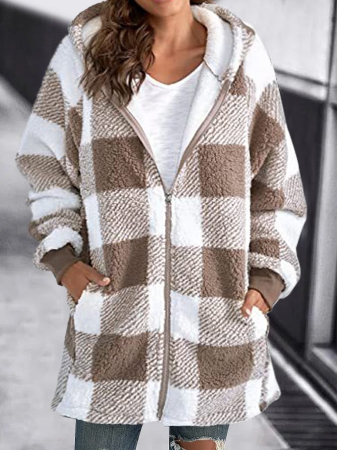 Women's Cozy Sherpa Hooded Cardigan with Zip and Plaid Fleece