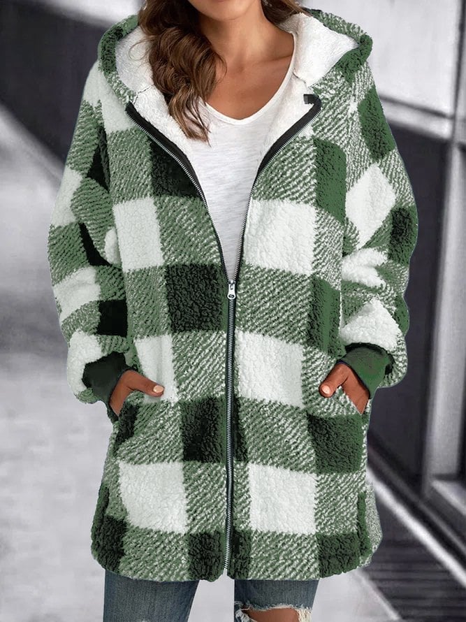 Women's Cozy Sherpa Hooded Cardigan with Zip and Plaid Fleece