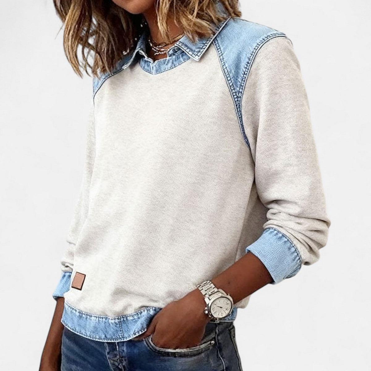 Women's Crew Neck Sweatshirt with Denim Trim