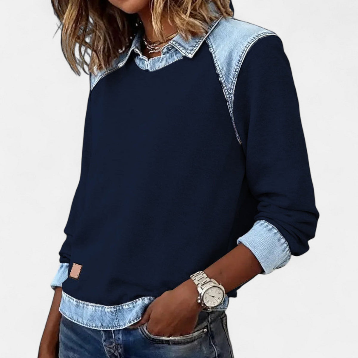 Women's Crew Neck Sweatshirt with Denim Trim