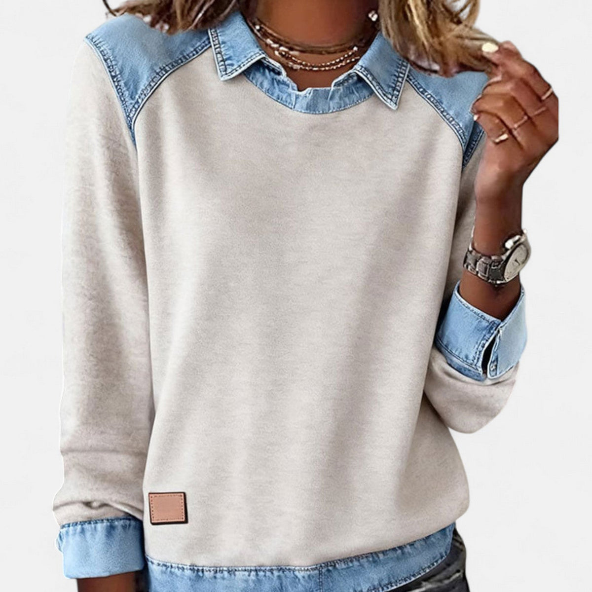 Women's Crew Neck Sweatshirt with Denim Trim