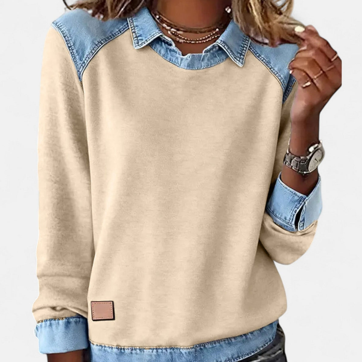 Women's Crew Neck Sweatshirt with Denim Trim