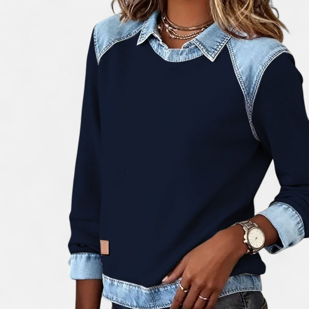 Women's Crew Neck Sweatshirt with Denim Trim