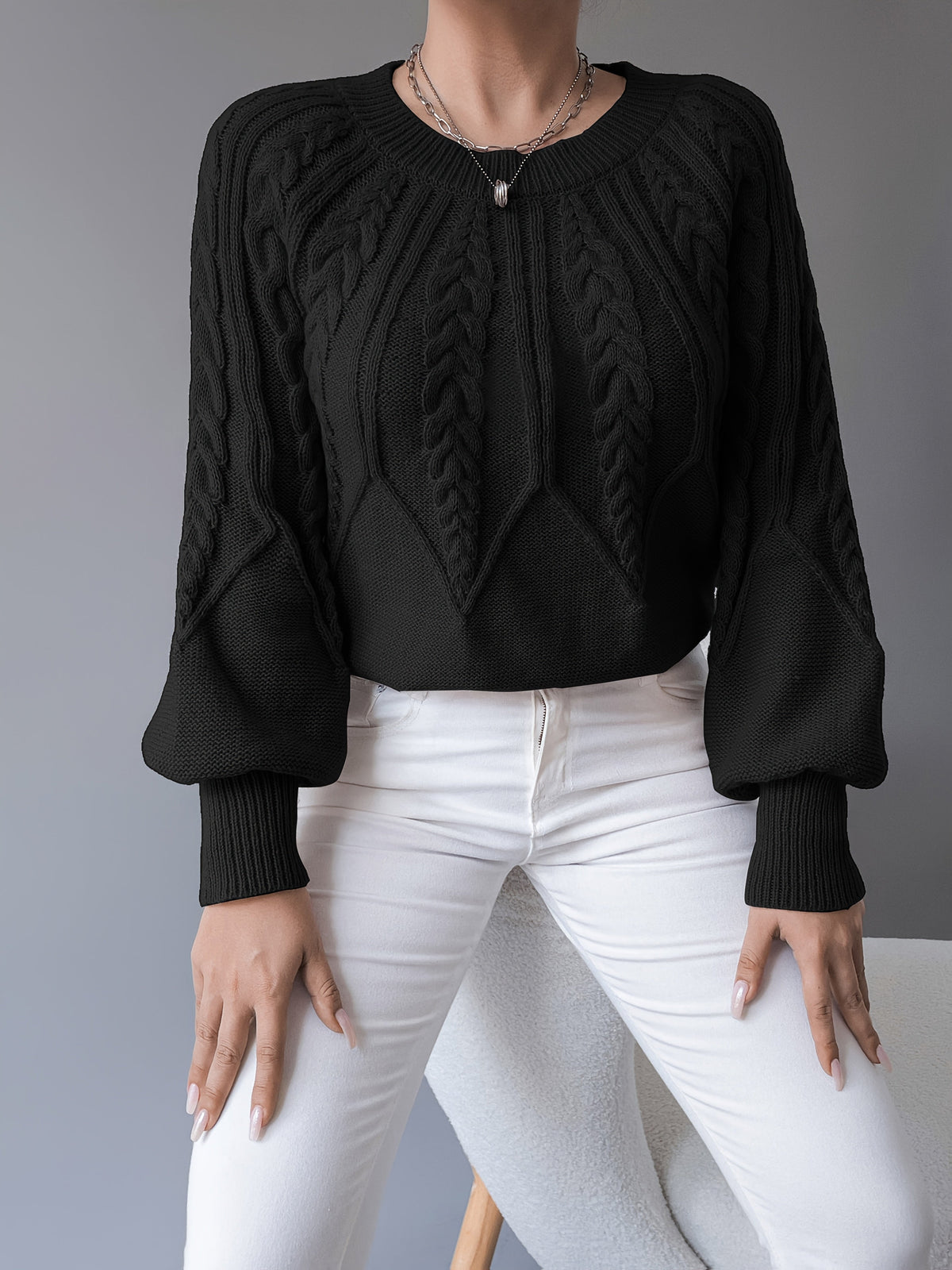 Women's Cropped Jumper with Cable Knit and Lantern Sleeves