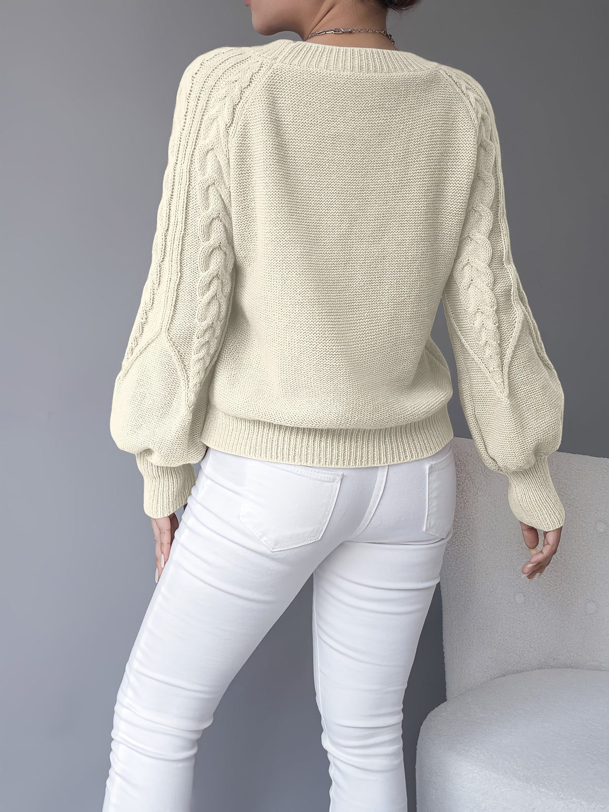 Women's Cropped Jumper with Cable Knit and Lantern Sleeves
