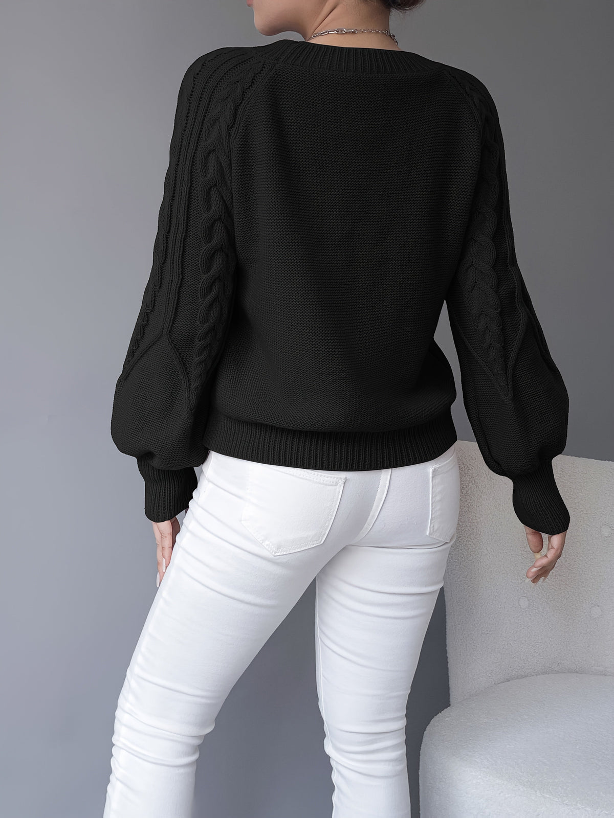 Women's Cropped Jumper with Cable Knit and Lantern Sleeves