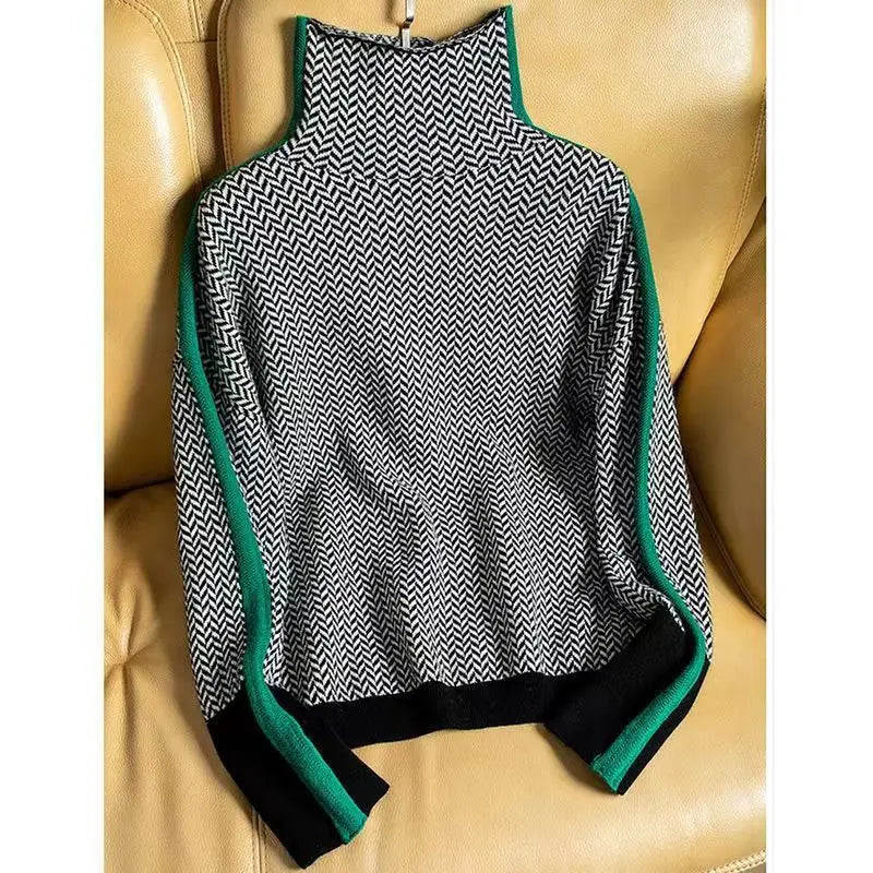 Women's Cropped Jumper with Herringbone Pattern and Stripe Sleeves