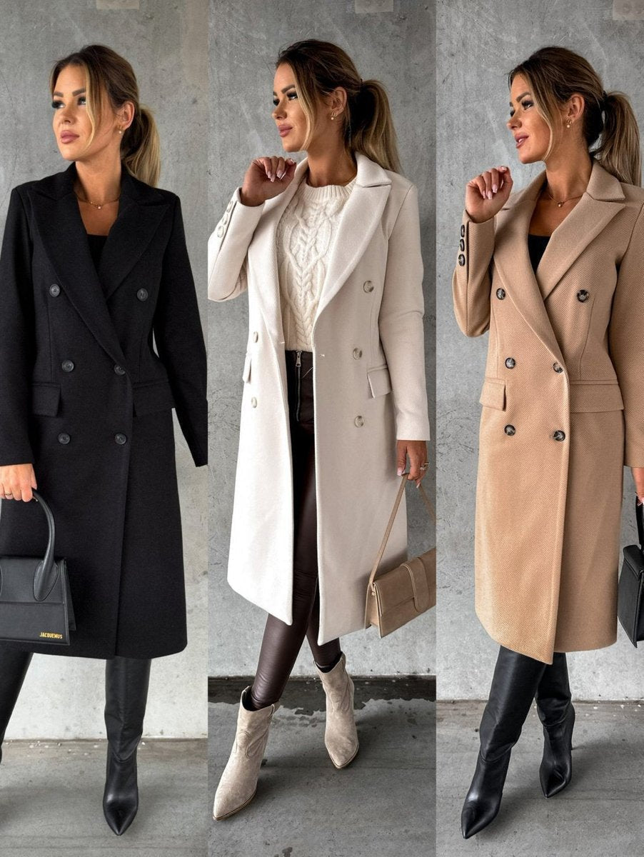 Women's Double-Breasted Longline Coat with Gold Buttons
