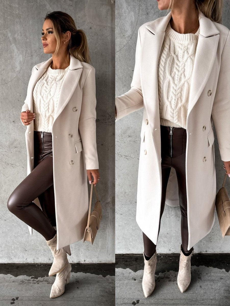 Women's Double-Breasted Longline Coat with Gold Buttons