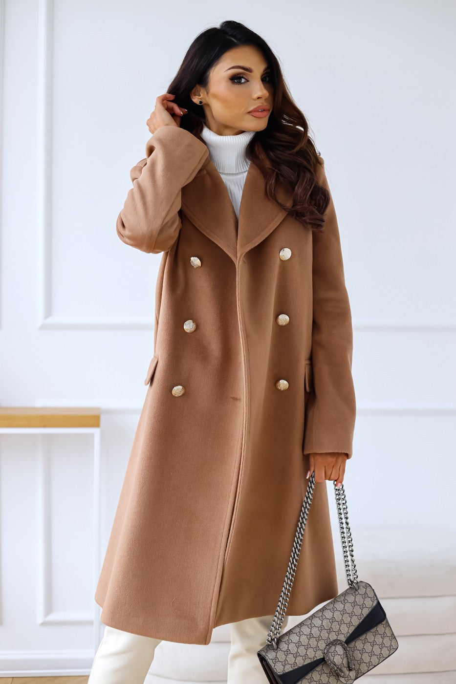 Women's Double-Breasted Wool Coat Gold Button Detail