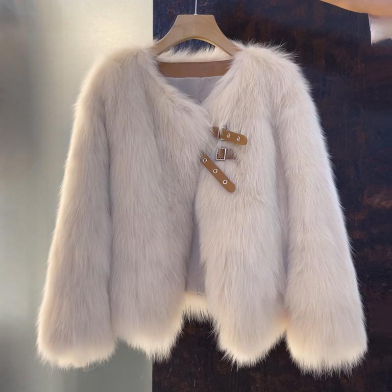 Women's Faux Fur Jacket with Buckle Detail