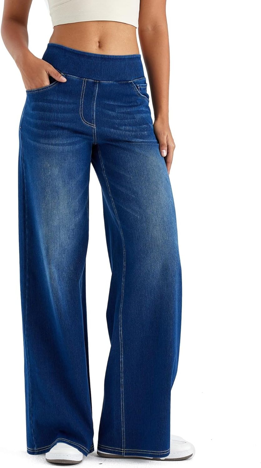 Women's Fleece-Lined Wide-Leg High-Waist Pull-On Jeans