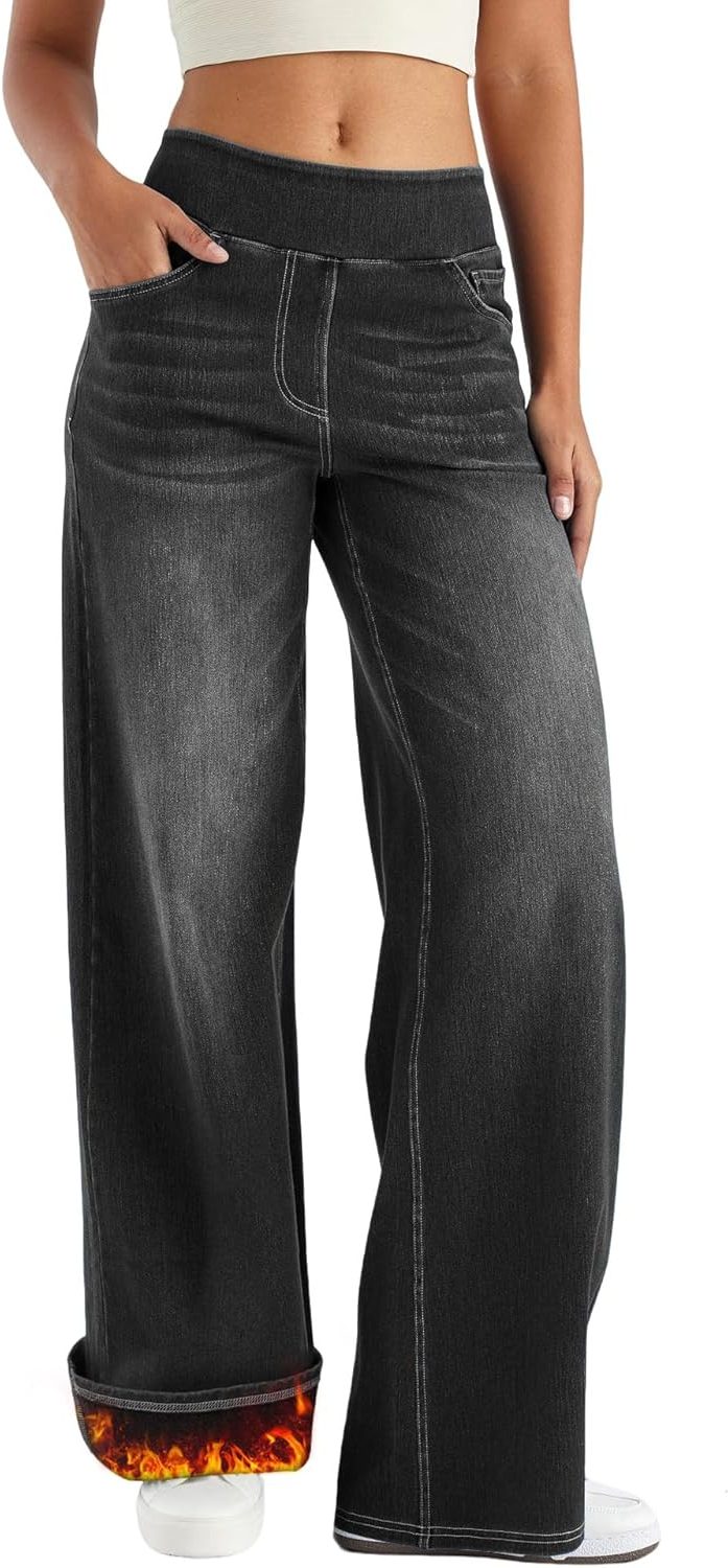 Women's Fleece-Lined Wide-Leg High-Waist Pull-On Jeans