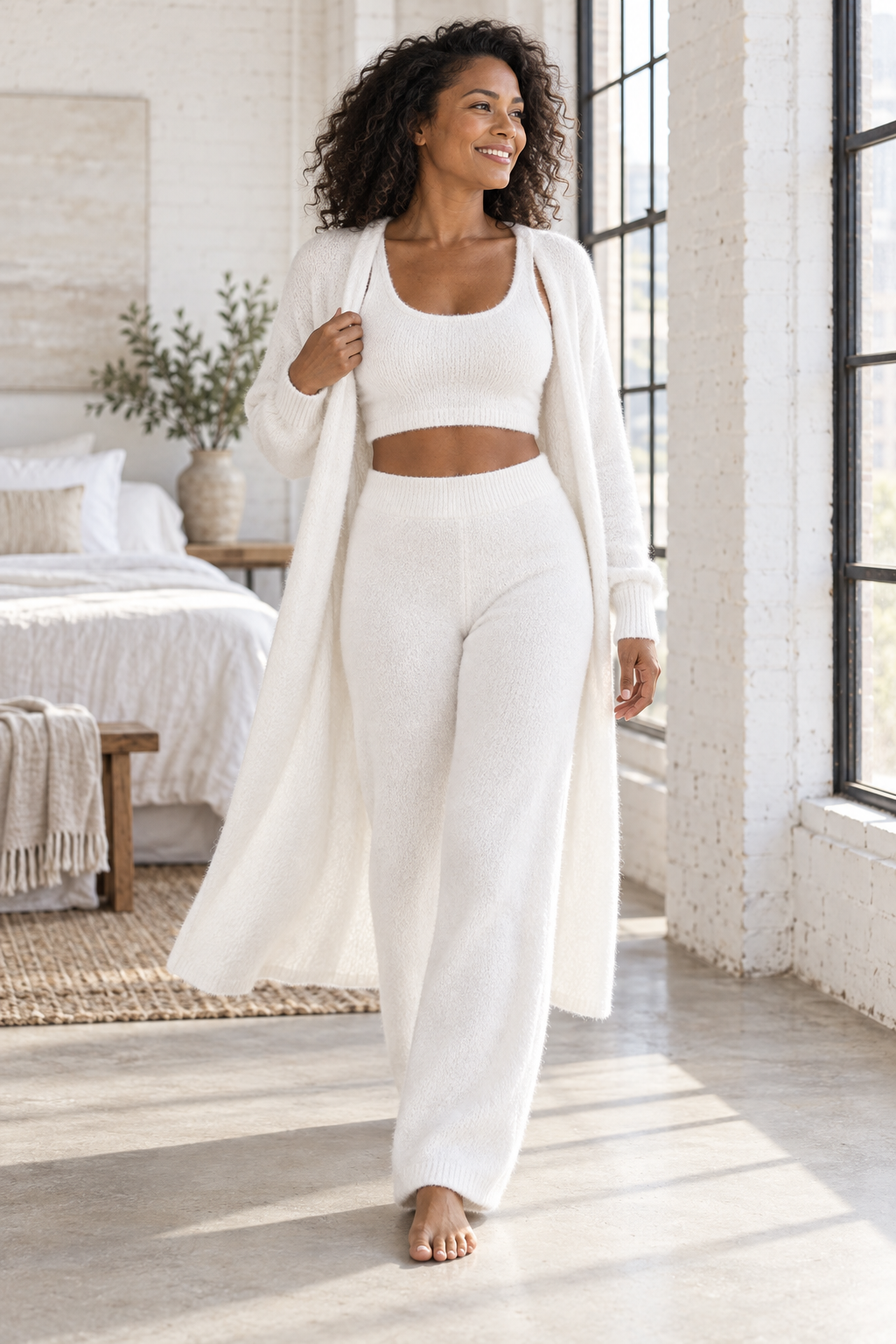 Women's Fuzzy Knit 3-Piece Lounge Set with Cardigan