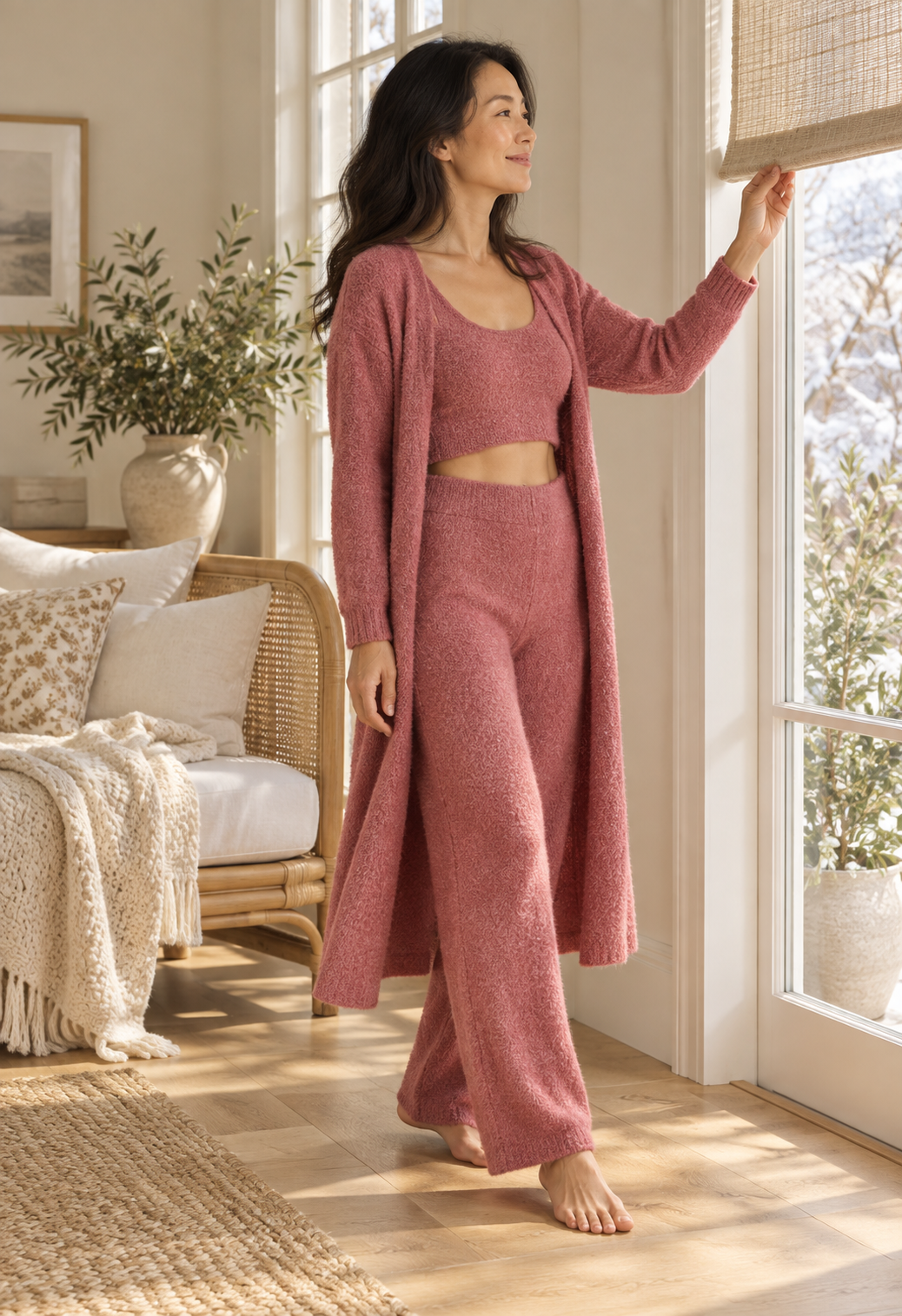 Women's Fuzzy Knit 3-Piece Lounge Set with Cardigan