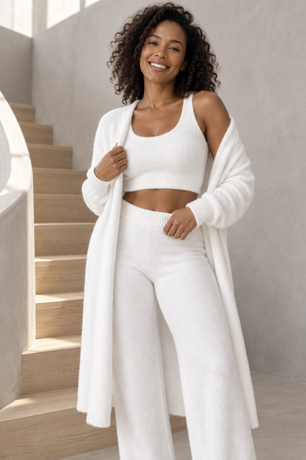 Women's Fuzzy Knit 3-Piece Lounge Set with Cardigan
