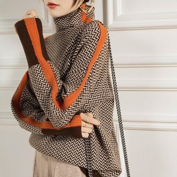 Women's Herringbone Turtleneck Jumper with Stripe Sleeves