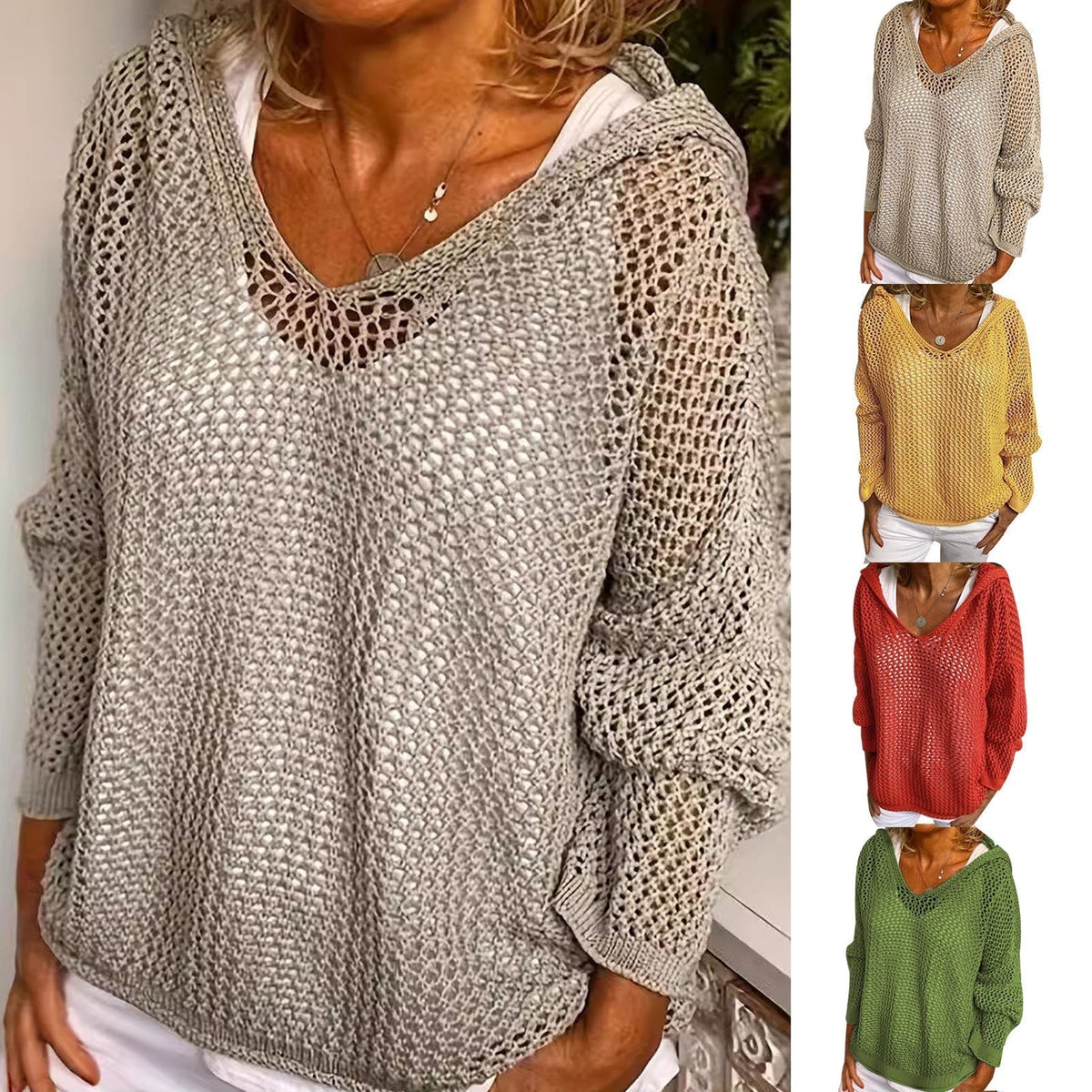 Women's Hooded Open Knit Crochet Sweater