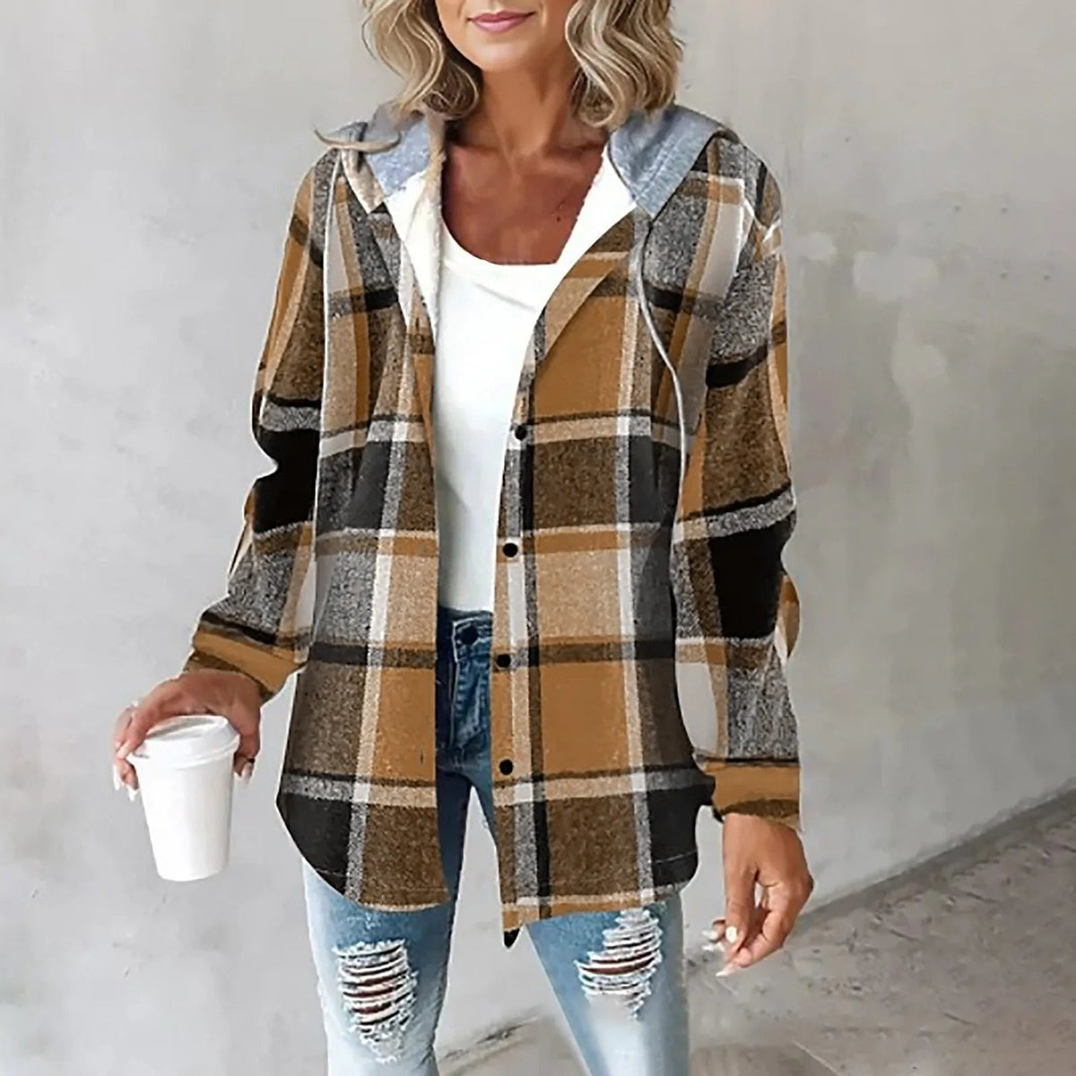 Women's Hooded Plaid Checkered Shirt Jacket