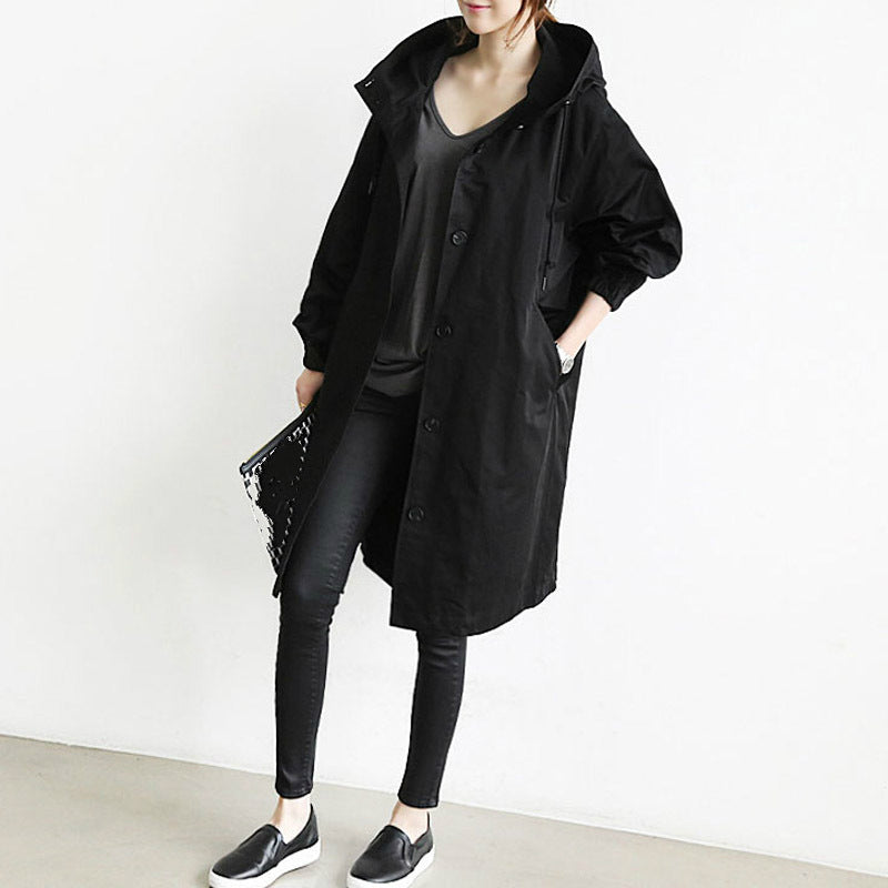 Women's Hooded Trench Coat with Button-Front and Knee-Length Hem