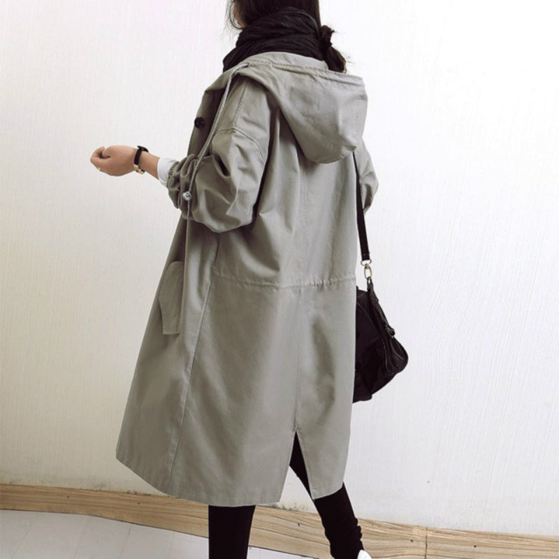 Women's Hooded Trench Coat with Button-Front and Knee-Length Hem