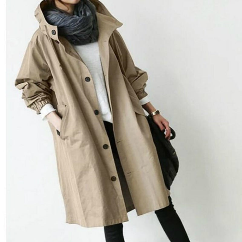 Women's Hooded Trench Coat with Button-Front and Knee-Length Hem