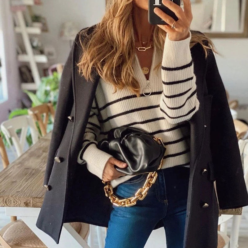 Women's Jumper with Horizontal Stripes and Zip Neckline