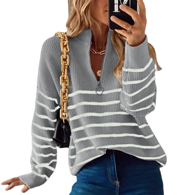 Women's Jumper with Horizontal Stripes and Zip Neckline